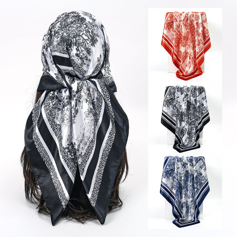 Retro Print Satin Hijab Scarf, Square Headscarf for Women, Saudi UAE Daily & Party Wear