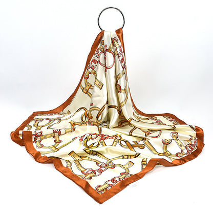 Polyester Satin Square Scarf for Women, Elegant Belt Chain Print Head Wrap, Versatile Modest Hijab Shawl
