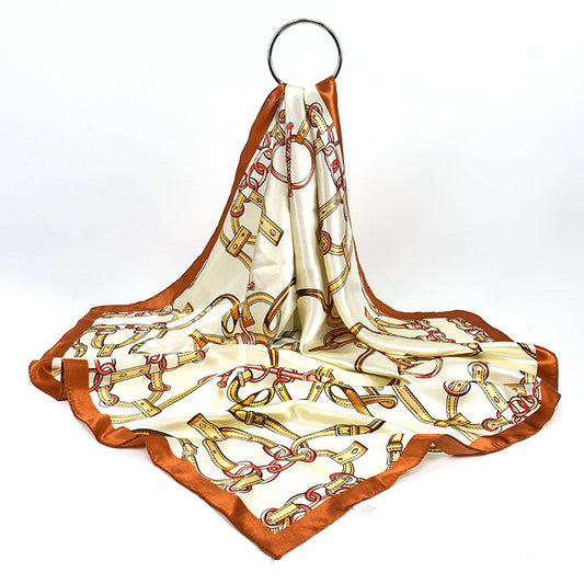Polyester Satin Square Scarf for Women, Elegant Belt Chain Print Head Wrap, Versatile Modest Hijab Shawl