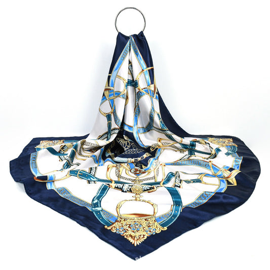 90x90cm Navy Chain Satin Hijab Scarf, Luxury Square Headscarf for Women, Saudi UAE Party & Daily Wear