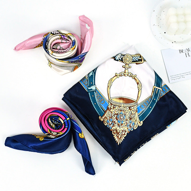 90x90cm Navy Chain Satin Hijab Scarf, Luxury Square Headscarf for Women, Saudi UAE Party & Daily Wear