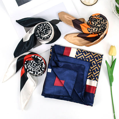 90x90cm Geometric Monogram Satin Hijab Scarf, Luxury Square Headscarf for Women, Saudi UAE Eid & Party Wear