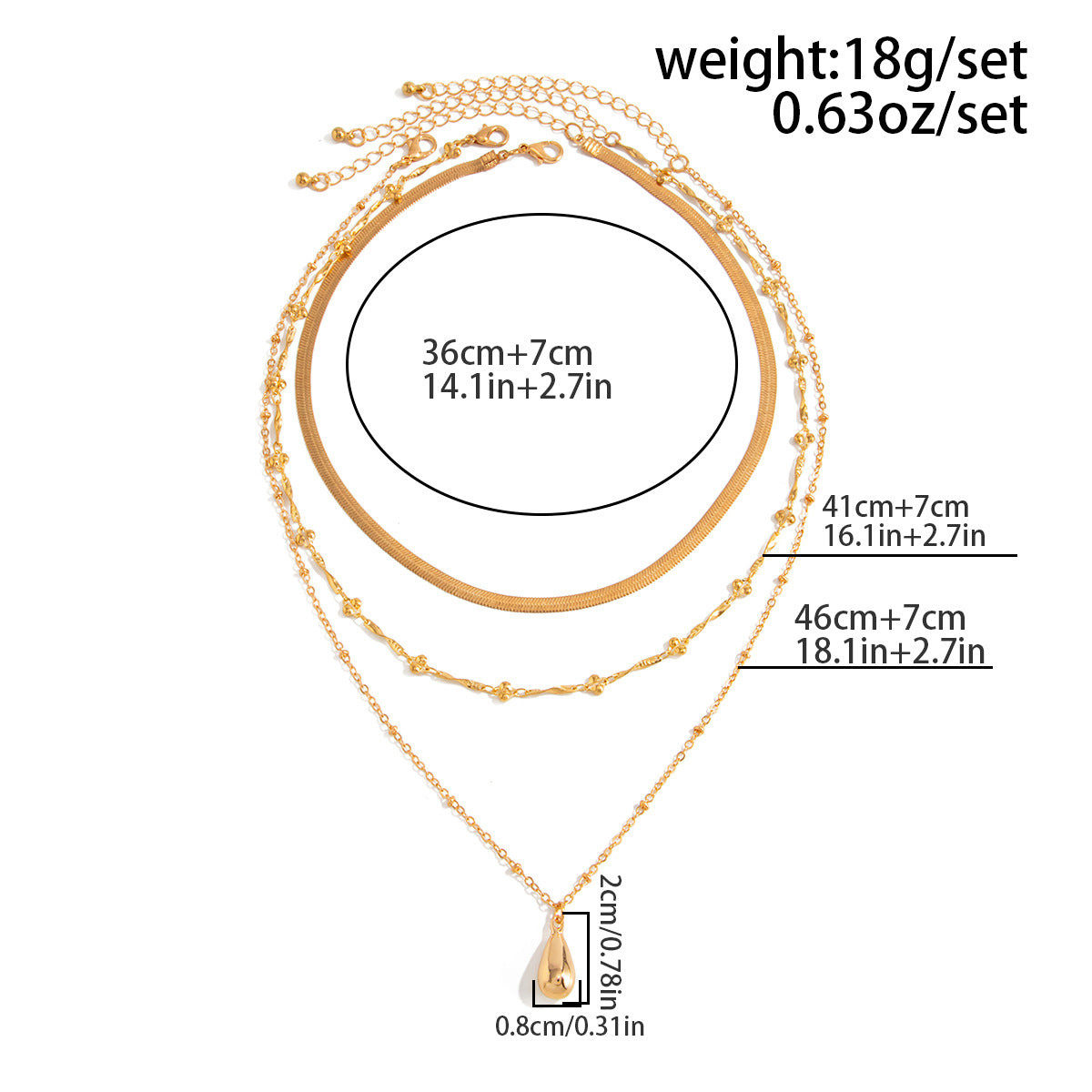 Silver Gold Plated 3 Layered Necklace for Women - Teardrop Pendant Herringbone Chain Waterproof