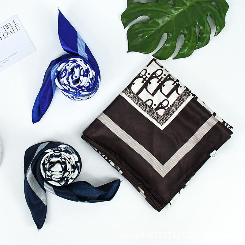 90x90cm Brown Monogram Satin Hijab Scarf, Luxury Square Headscarf for Women, Saudi UAE Daily & Eid Wear