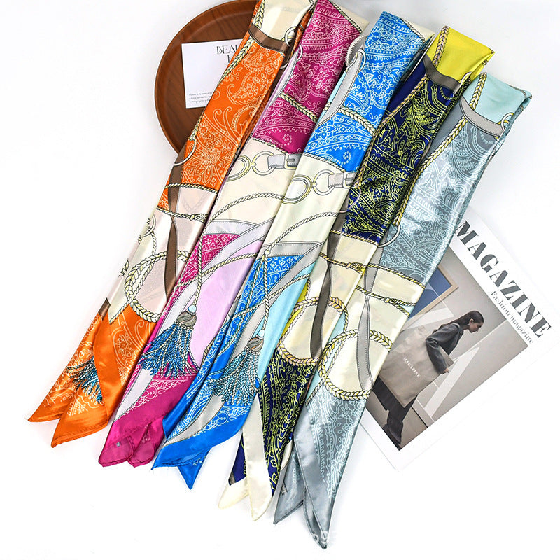 90x90cm Blue Tassel Chain Satin Hijab Scarf, Luxury Square Headscarf for Women, Saudi UAE Eid & Daily Wear