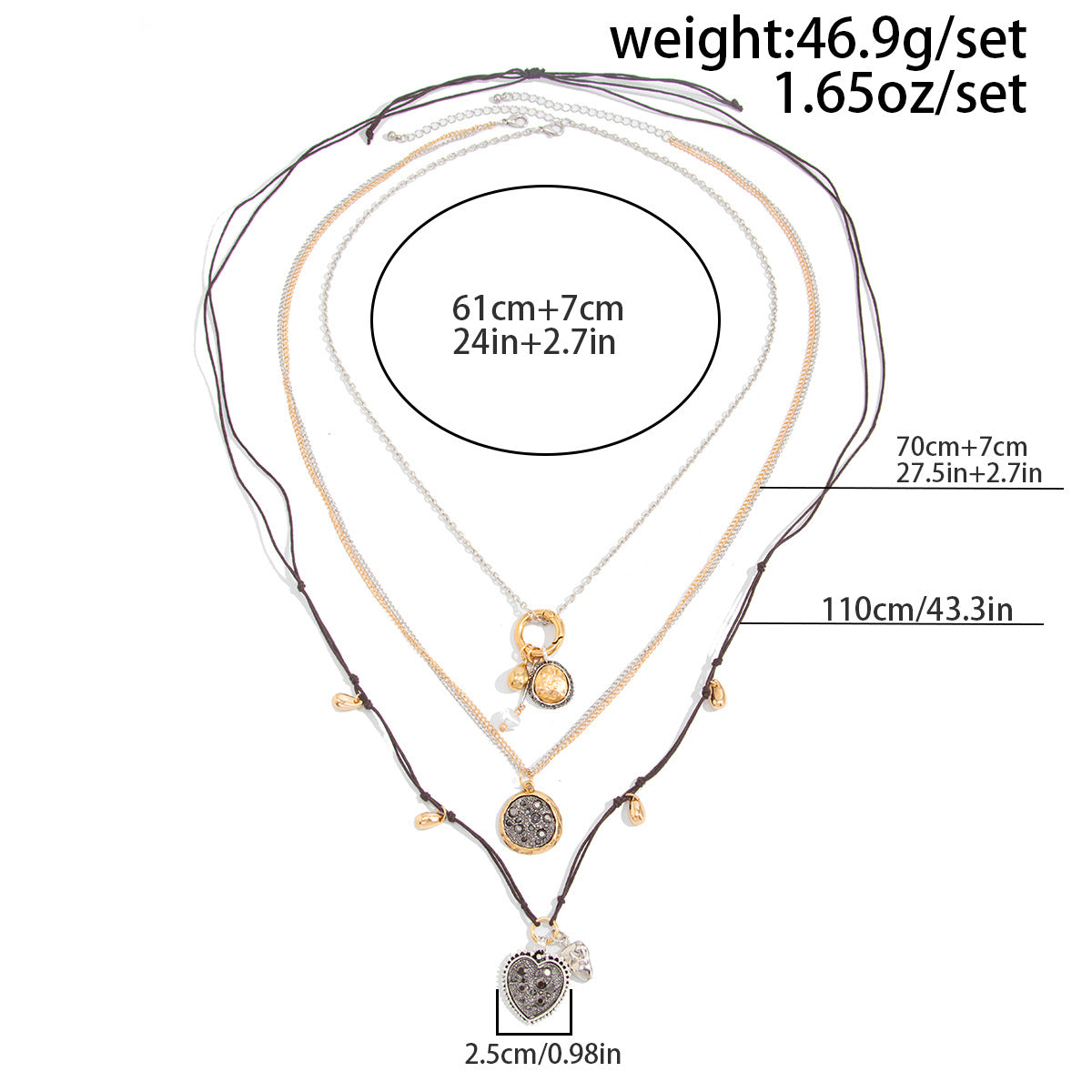 Gold Layered Heart Necklace Set, Womens Arabian Boho Pendant Jewelry