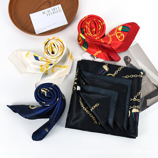 90x90cm Black Gold Chain Print Satin Hijab Scarf, Luxury Square Headscarf for Women, Saudi UAE Daily & Party Wear