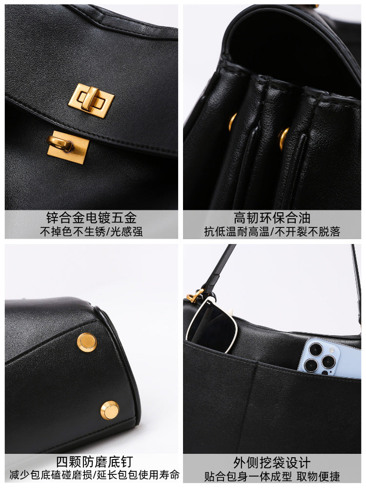 Women's Leather Tote Bag, Large Capacity Designer Shoulder Handbag with Gold Lock