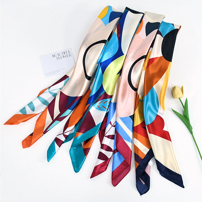 90x90cm Colorful Geometric Satin Hijab Scarf, Soft Square Headscarf for Women, Dubai Saudi Daily & Party Wear