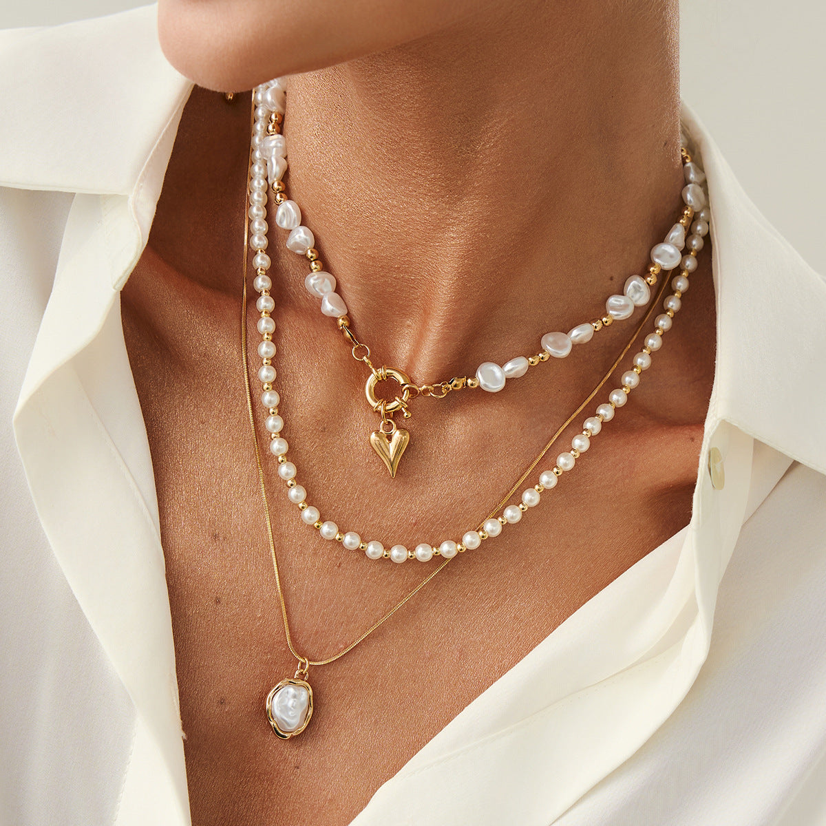 Gold Plated Layered Pearl Necklace for Women, Baroque Pearl Choker with Heart Pendant, Dainty Stackable Necklaces Set, Eid Gift for Her