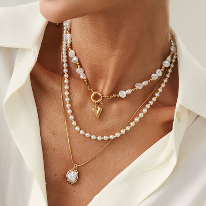 Gold Plated Layered Pearl Necklace for Women, Baroque Pearl Choker with Heart Pendant, Dainty Stackable Necklaces Set, Eid Gift for Her