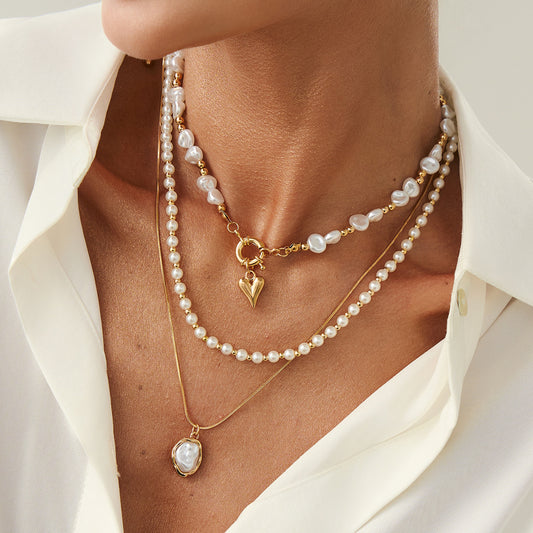 Gold Plated Layered Pearl Necklace for Women, Baroque Pearl Choker with Heart Pendant, Dainty Stackable Necklaces Set, Eid Gift for Her