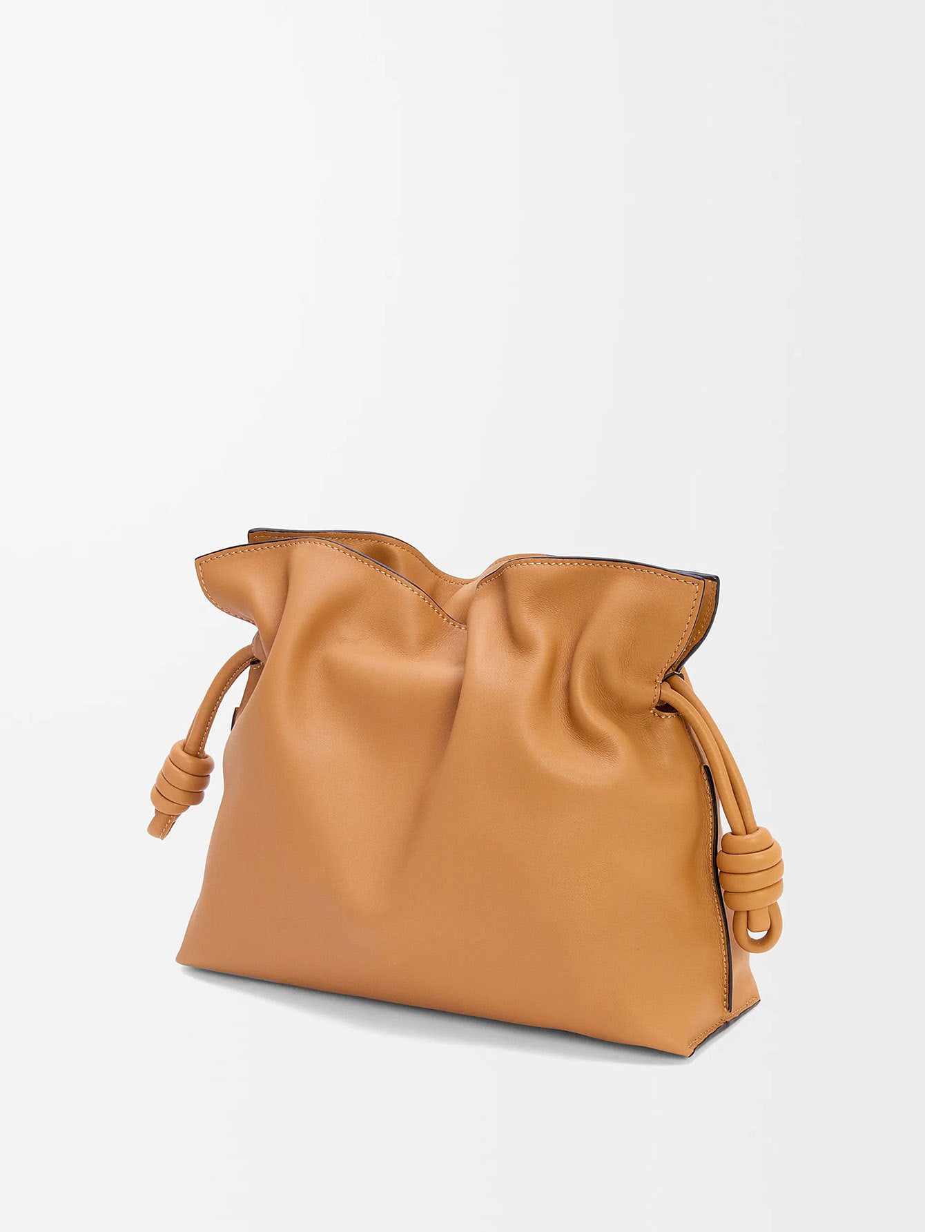Camel Vegan Leather Drawstring Pouch, Womens Ruched Bag with Knot Detail