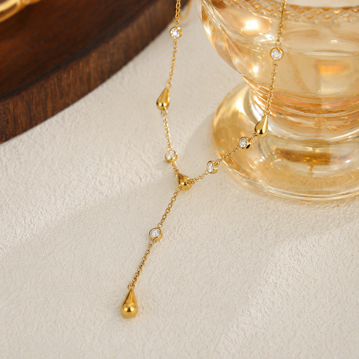 Gold Teardrop Y-Shaped Lariat Necklace, Women‘s Arabian CZ Dainty Chain