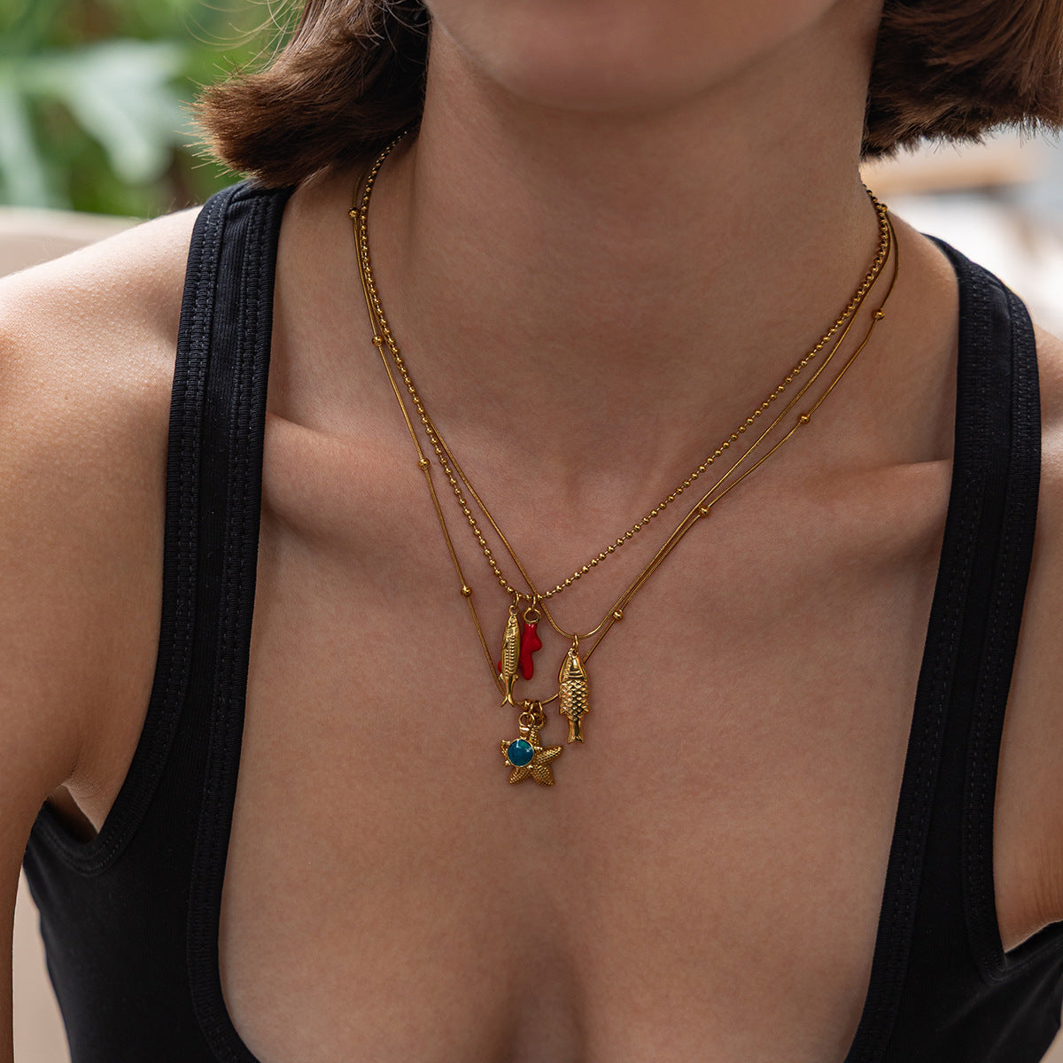 Gold Layered Beach Necklace for Women, Ocean Sea Star Fish Coral Pendant Necklace, Boho Summer Vacation Jewelry, Waterproof Gold Chain Set
