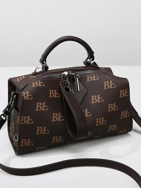 Women's Embossed Boston Bag, Premium Vegan Leather Barrel Handbag with Adjustable Strap, Black Monogram Pattern Top Handle Satchel, Large Capacity Shoulder Crossbody Bag