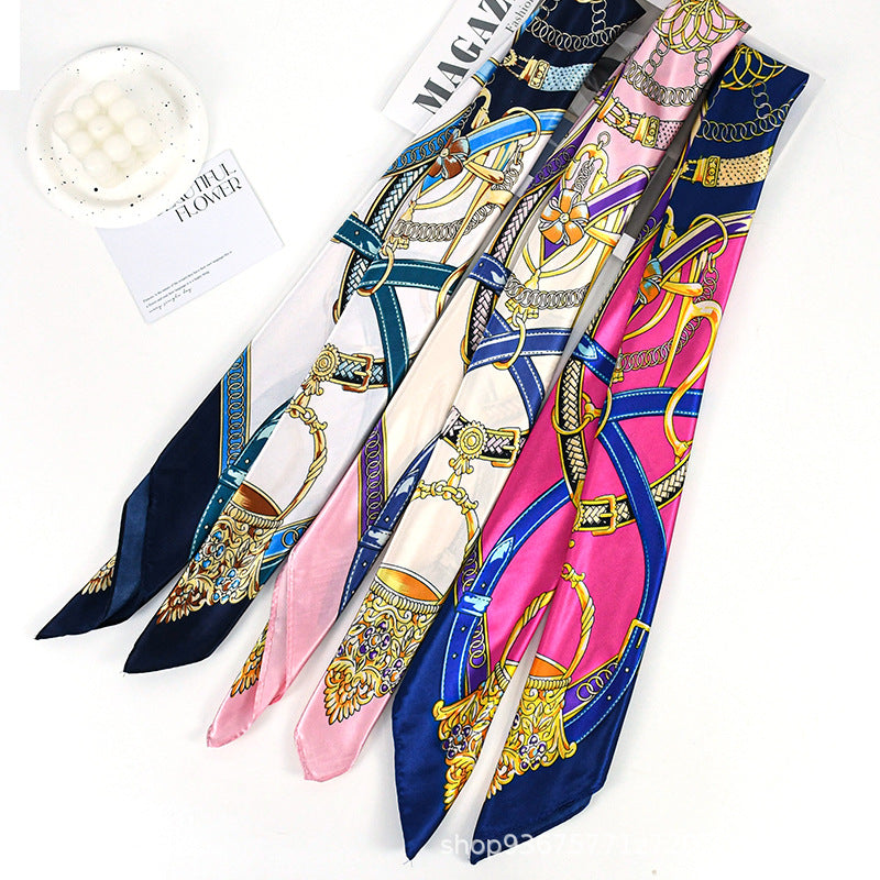 90x90cm Navy Chain Satin Hijab Scarf, Luxury Square Headscarf for Women, Saudi UAE Party & Daily Wear