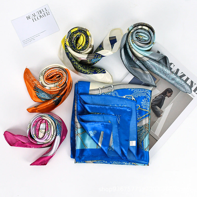 90x90cm Blue Tassel Chain Satin Hijab Scarf, Luxury Square Headscarf for Women, Saudi UAE Eid & Daily Wear