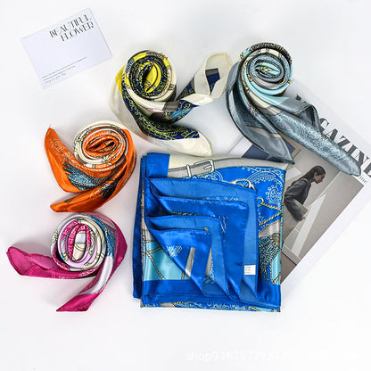 90x90cm Blue Tassel Chain Satin Hijab Scarf, Luxury Square Headscarf for Women, Saudi UAE Eid & Daily Wear