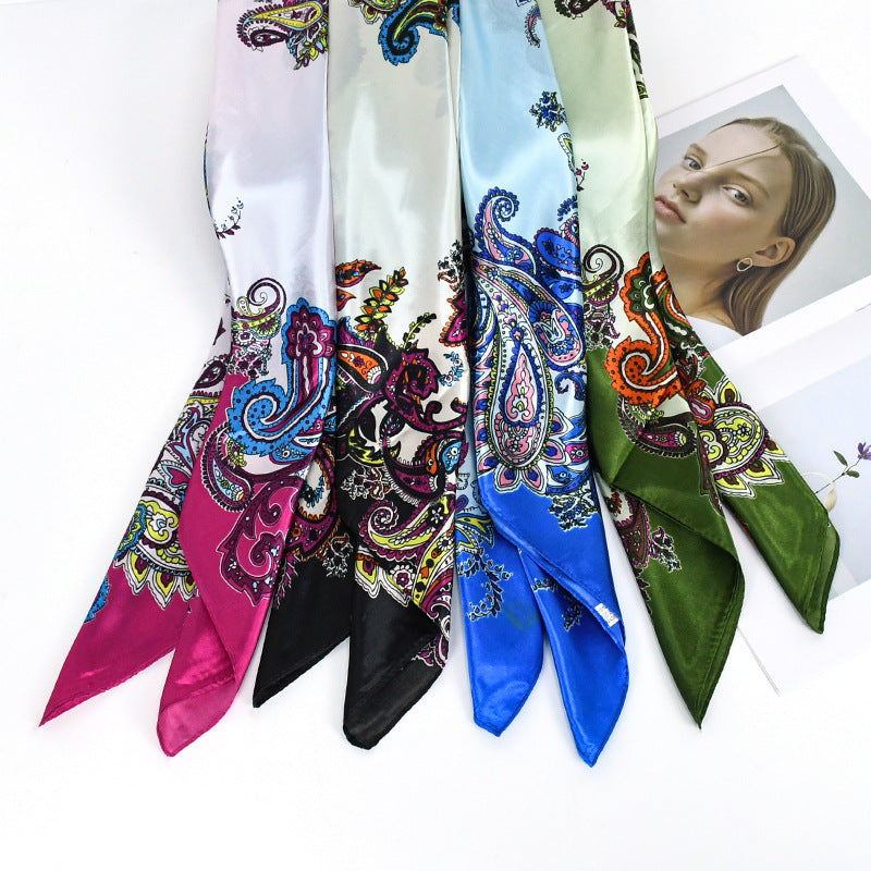 90x90cm Green Paisley Satin Hijab Scarf, Elegant Square Headscarf for Women, Saudi UAE Daily & Eid Wear