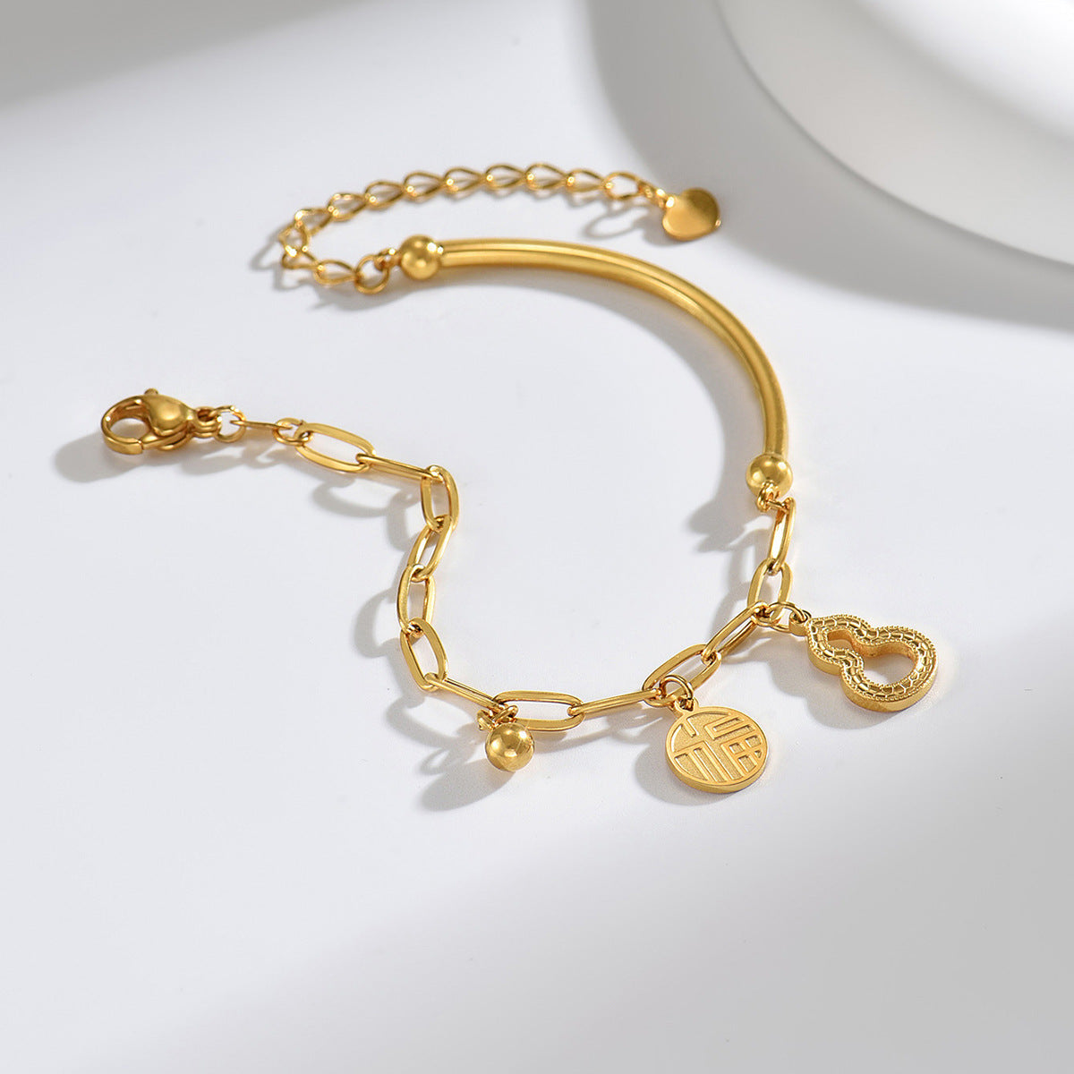 Light Luxury Gourd Fortune‑Character Curved Tube Bracelet, Paperclip Chain Niche High‑End Hand Ornament