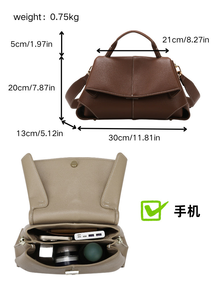 Taupe Vegan Leather Satchel, Womens Flap Handbag with Wide Crossbody Strap