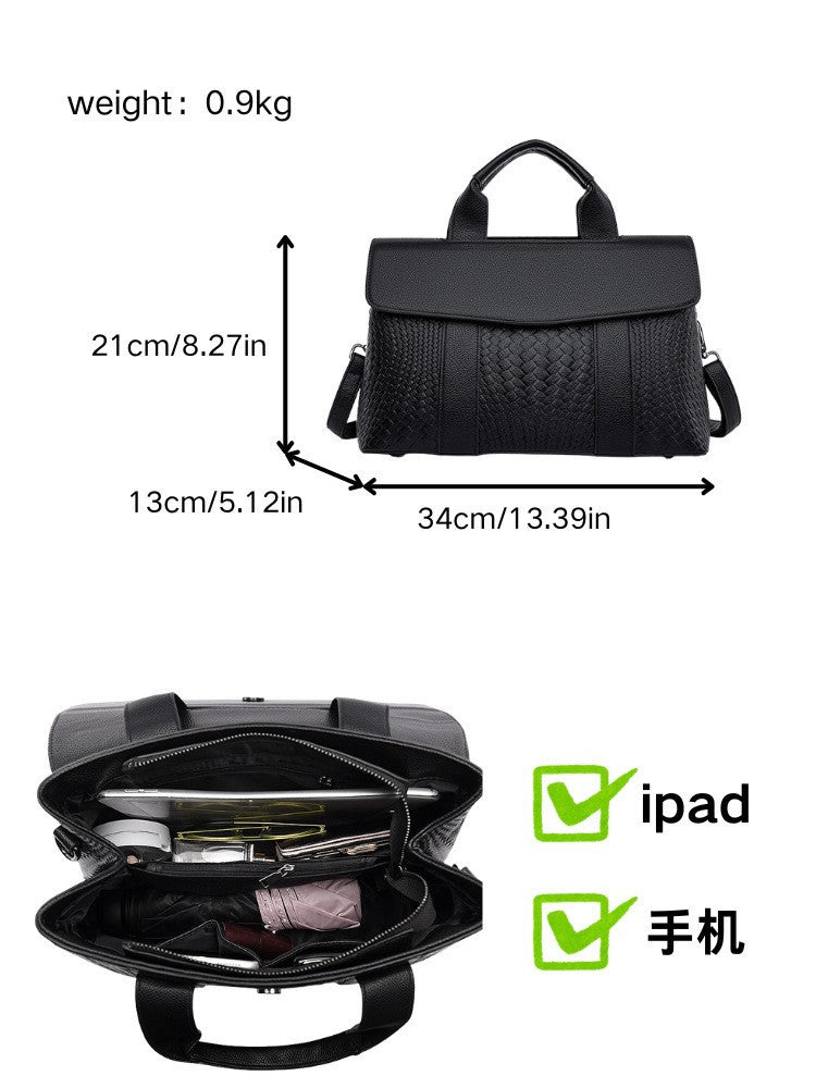 Black Woven Vegan Leather Satchel, Womens Flap Work Handbag with Crossbody Strap