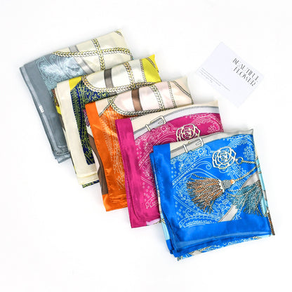 90x90cm Blue Tassel Chain Satin Hijab Scarf, Luxury Square Headscarf for Women, Saudi UAE Eid & Daily Wear