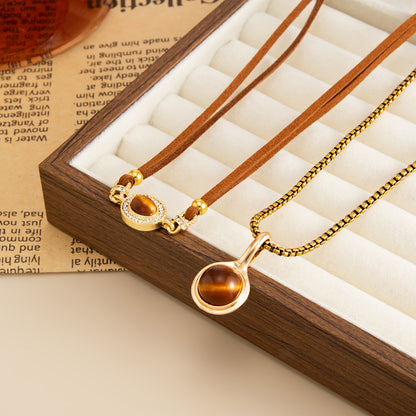 Gold Tiger Eye Layered Necklace Set, Womens Arabian Boho Suede Choker