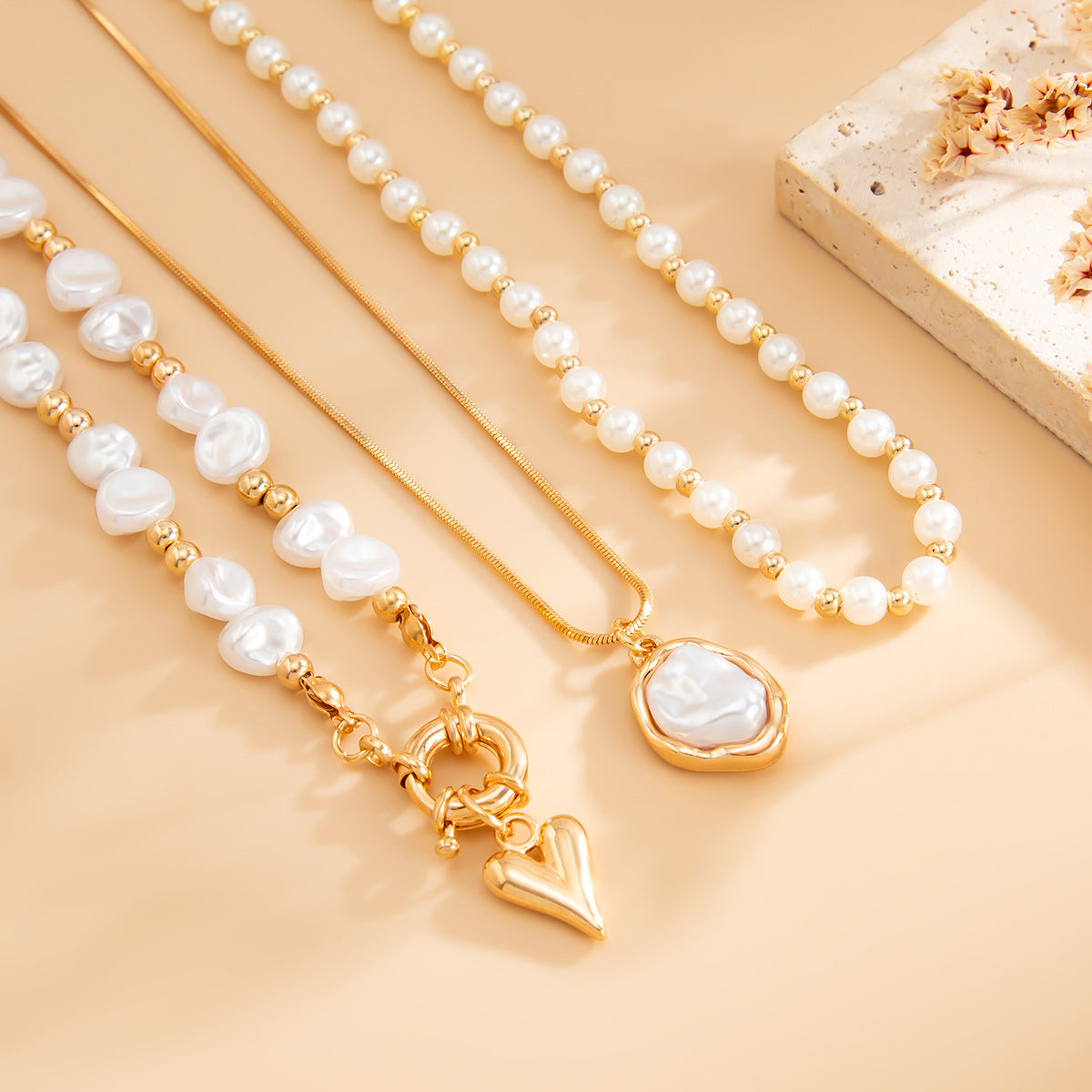 Gold Plated Layered Pearl Necklace for Women, Baroque Pearl Choker with Heart Pendant, Dainty Stackable Necklaces Set, Eid Gift for Her