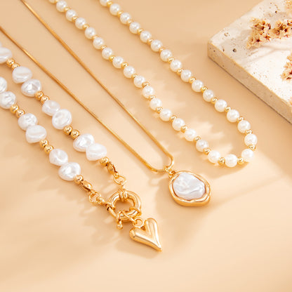 Gold Plated Layered Pearl Necklace for Women, Baroque Pearl Choker with Heart Pendant, Dainty Stackable Necklaces Set, Eid Gift for Her