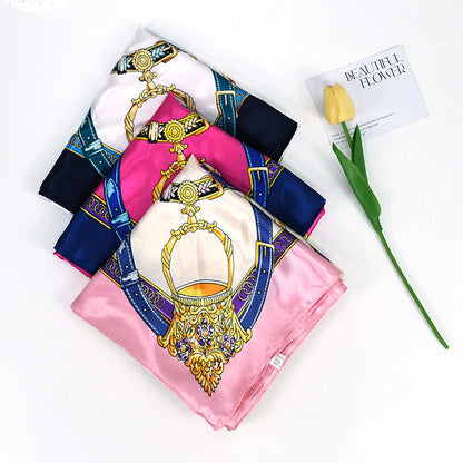 90x90cm Navy Chain Satin Hijab Scarf, Luxury Square Headscarf for Women, Saudi UAE Party & Daily Wear