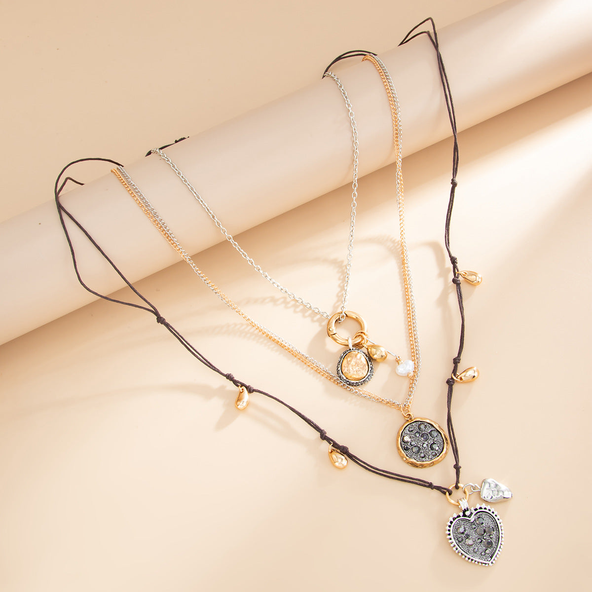 Gold Layered Heart Necklace Set, Womens Arabian Boho Pendant Jewelry