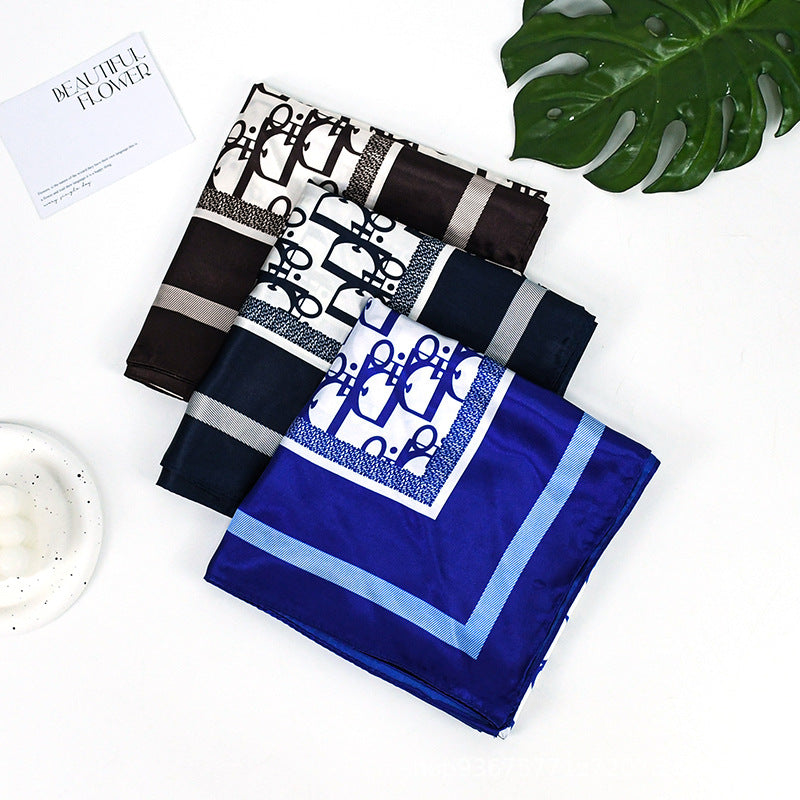 90x90cm Brown Monogram Satin Hijab Scarf, Luxury Square Headscarf for Women, Saudi UAE Daily & Eid Wear