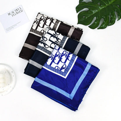 90x90cm Brown Monogram Satin Hijab Scarf, Luxury Square Headscarf for Women, Saudi UAE Daily & Eid Wear