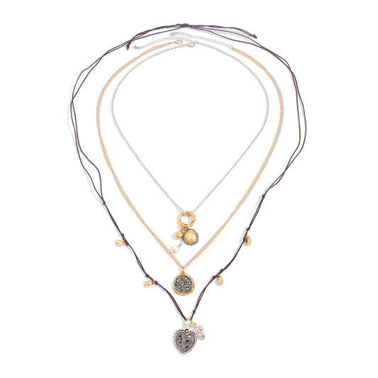Gold Layered Heart Necklace Set, Womens Arabian Boho Pendant Jewelry