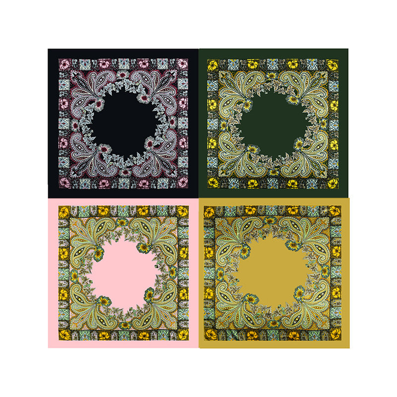 Golden Vintage Paisley Printed Polyester Satin Square Hijab, Ladies Multi-use Headscarf Shawl