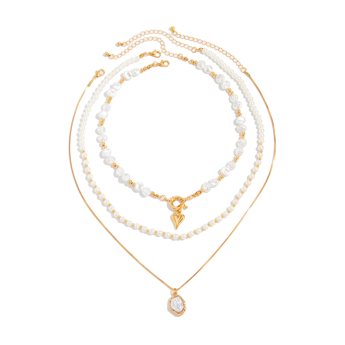 Gold Plated Layered Pearl Necklace for Women, Baroque Pearl Choker with Heart Pendant, Dainty Stackable Necklaces Set, Eid Gift for Her