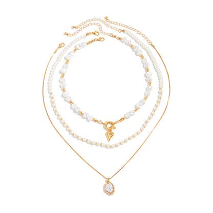 Gold Plated Layered Pearl Necklace for Women, Baroque Pearl Choker with Heart Pendant, Dainty Stackable Necklaces Set, Eid Gift for Her
