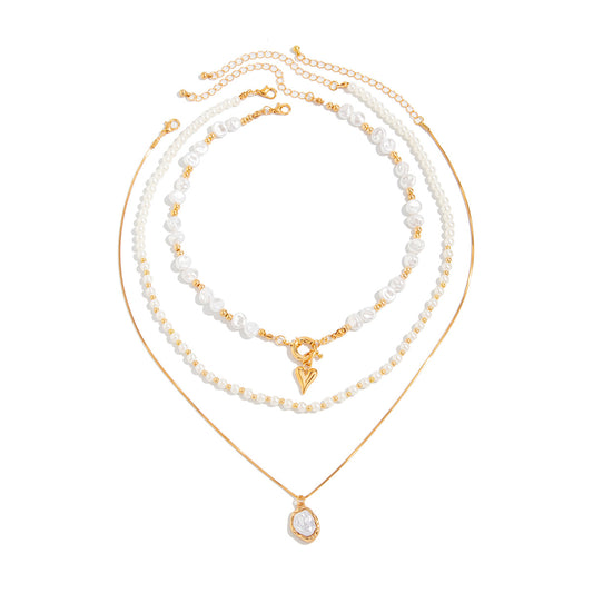 Gold Plated Layered Pearl Necklace for Women, Baroque Pearl Choker with Heart Pendant, Dainty Stackable Necklaces Set, Eid Gift for Her