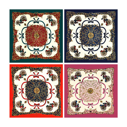 Red Carriage Print Satin Hijab Scarf, Luxury Square Headscarf for Women, Saudi UAE Eid & Party Wear