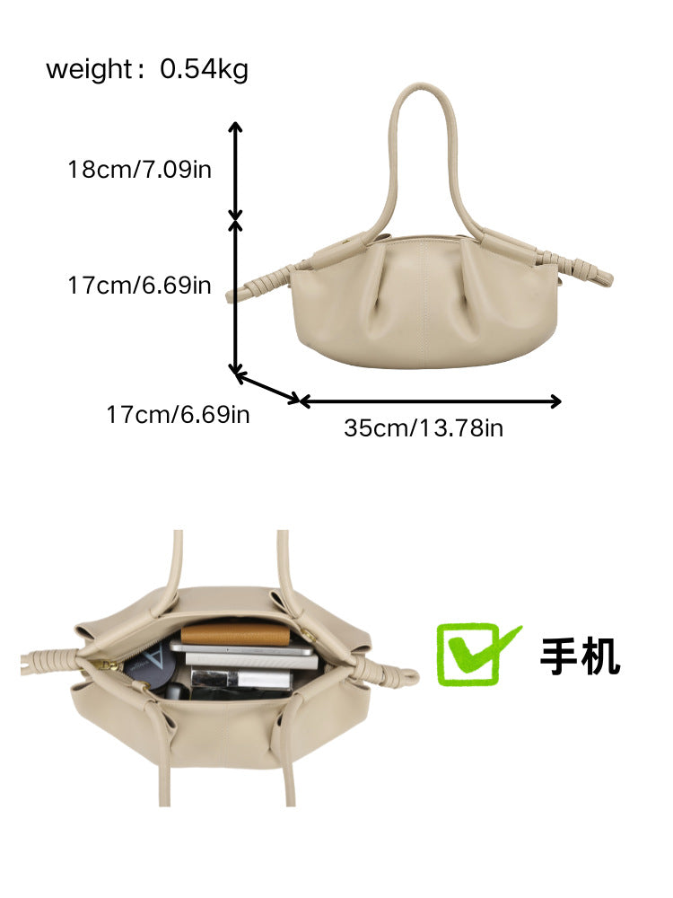 Women's Ruched Cloud Bag, Premium Vegan Leather Dumpling Handbag, Beige Pleated Shoulder Bag with Crossbody Strap, French Style Soft Hobo Clutch Purse
