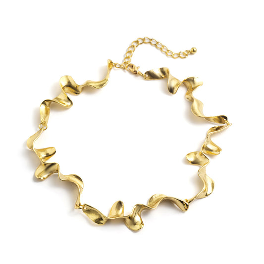 Gold Wavy Choker Necklace, Womens Arabian Sculptural Statement Jewelry
