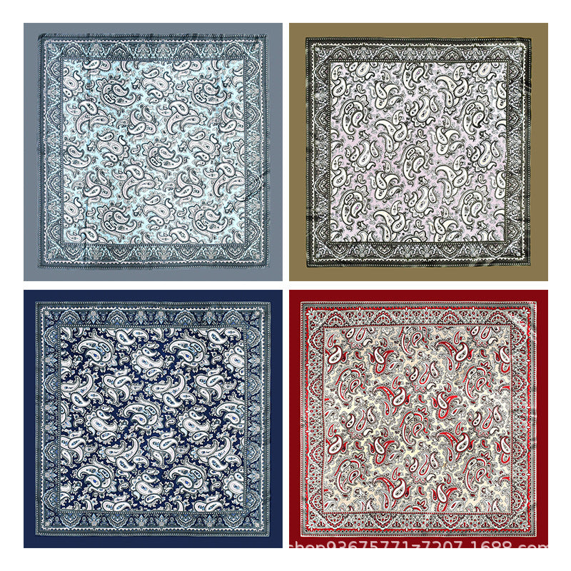 Navy Blue Paisley Printed Polyester Satin Square Hijab, Ladies Multi-use Headscarf Shawl