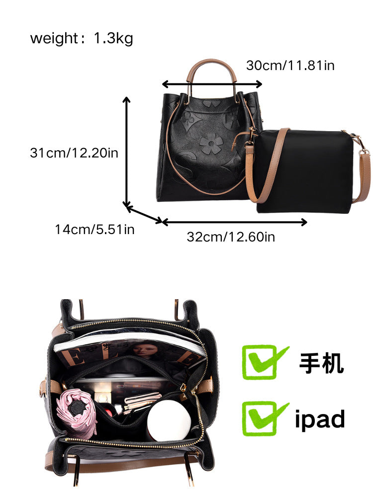 Women's Embossed Bucket Tote Bag, Premium Vegan Leather Handbag with Contrast Handle, Black Monogram Pattern Shoulder Bag, Large Capacity Work Tote with Crossbody Strap