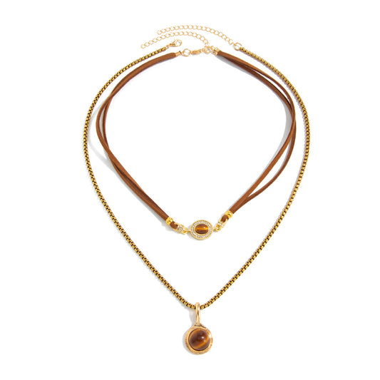 Gold Tiger Eye Layered Necklace Set, Womens Arabian Boho Suede Choker
