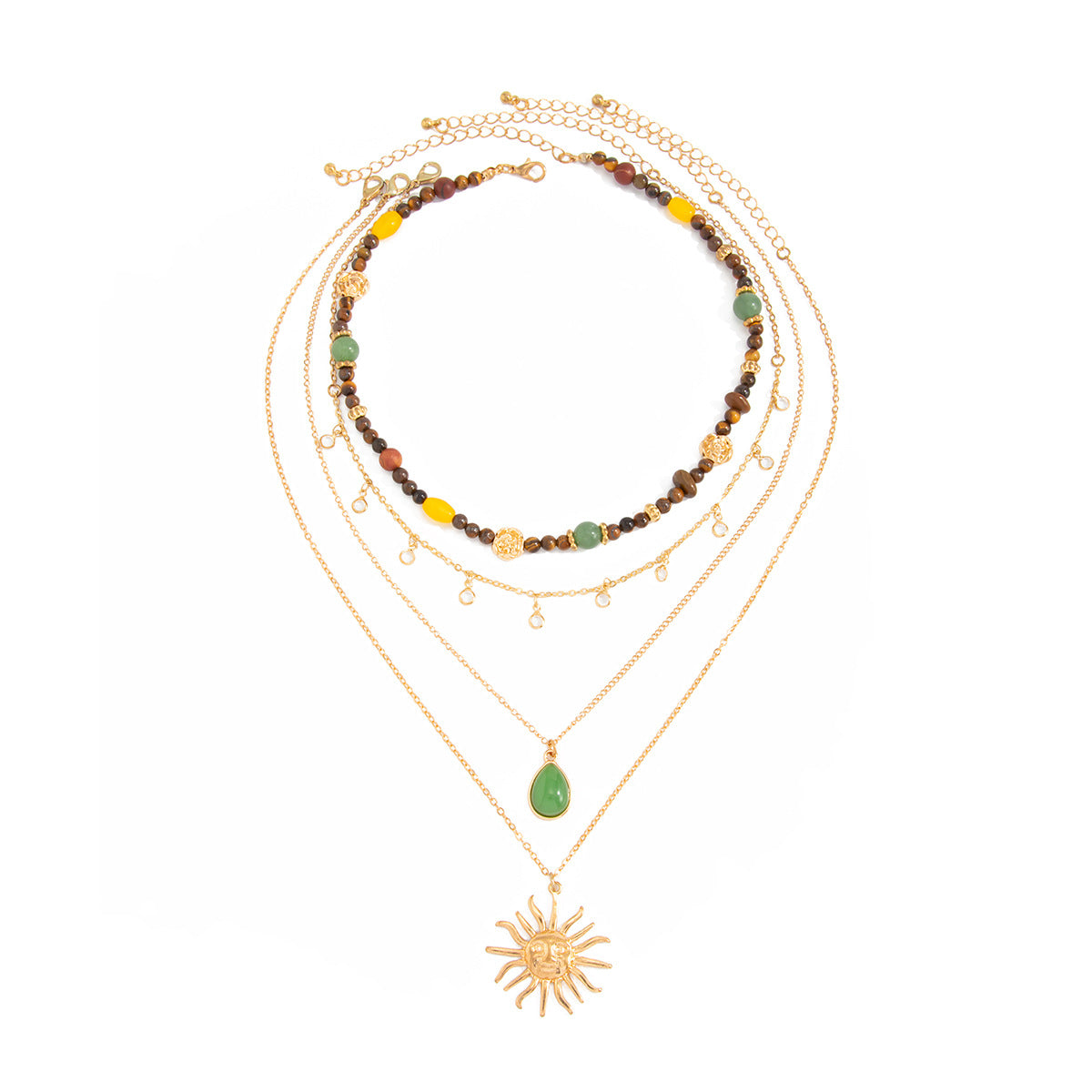 Women’s Multi Layer Gold Necklace, Bohemian Natural Stone Beaded Choker with Sun God Pendant, Retro Ethnic Stack Necklace Arab Fashion Jewelry Gift