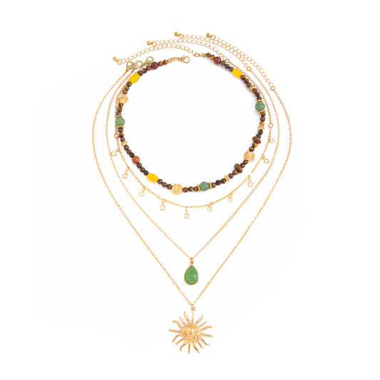 Women’s Multi Layer Gold Necklace, Bohemian Natural Stone Beaded Choker with Sun God Pendant, Retro Ethnic Stack Necklace Arab Fashion Jewelry Gift