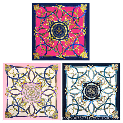 90x90cm Navy Chain Satin Hijab Scarf, Luxury Square Headscarf for Women, Saudi UAE Party & Daily Wear