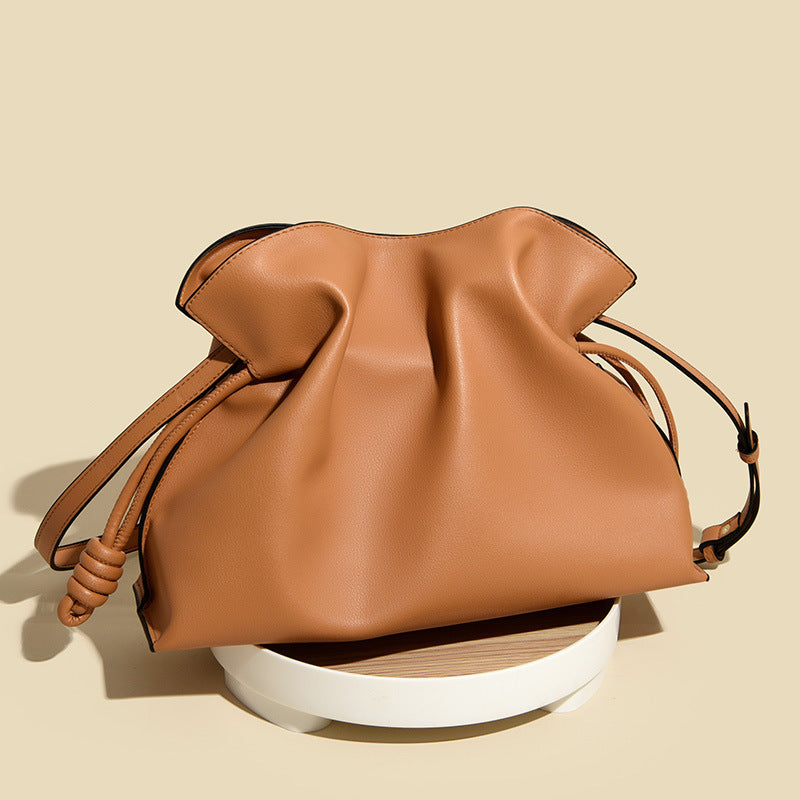 Camel Vegan Leather Drawstring Pouch, Womens Ruched Bag with Knot Detail